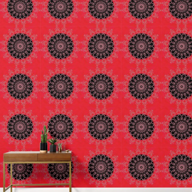 Red Black Pink Mandala Abstract Floral Wallpaper (Hallway)