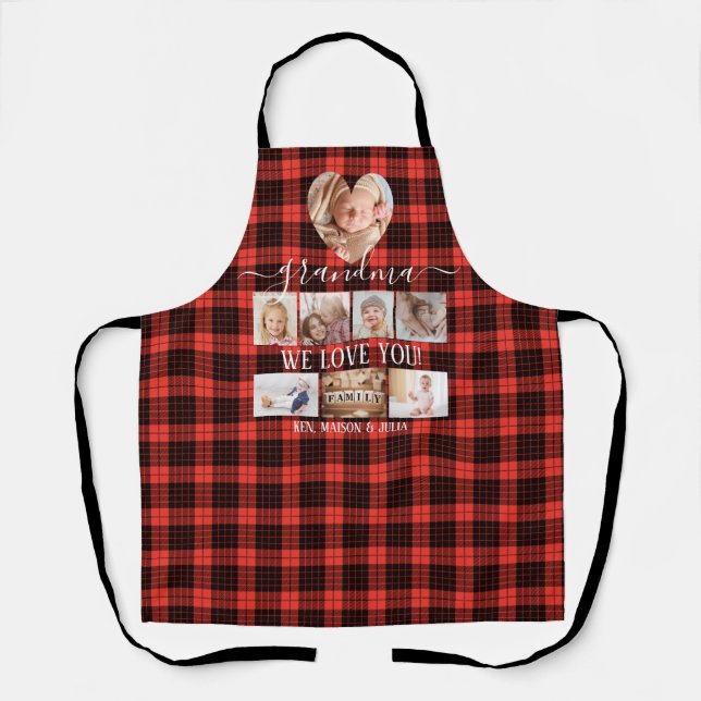 Red Black Plaid 8 Photo Collage Gift Personalised Apron (Front)