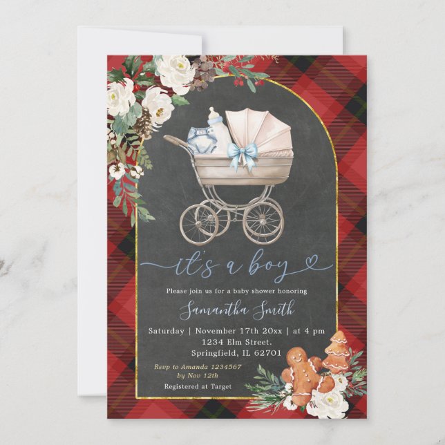 Red Black Plaid Baby Carriage Shower Christmas Invitation (Front)