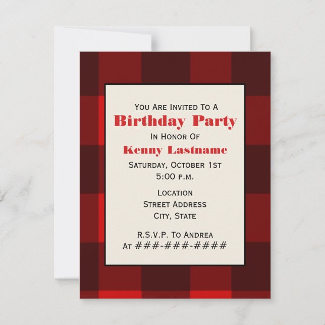 Red & Black Plaid Birthday Party Invitation (Front)