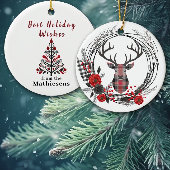 Red Black Plaid Buck Deer Wreath Ceramic Tree Decoration (Creator Uploaded)