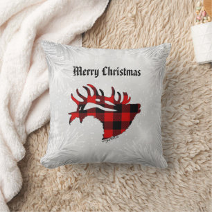 Red & Black Plaid Bull Elk Christmas Throw Pillow