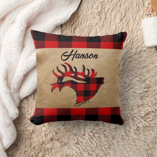 Red & Black Plaid Bull Elk Throw Pillow (Blanket)