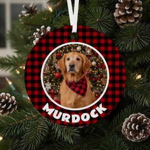 Red & Black Plaid Christmas Personalised Pet Metal Tree Decoration