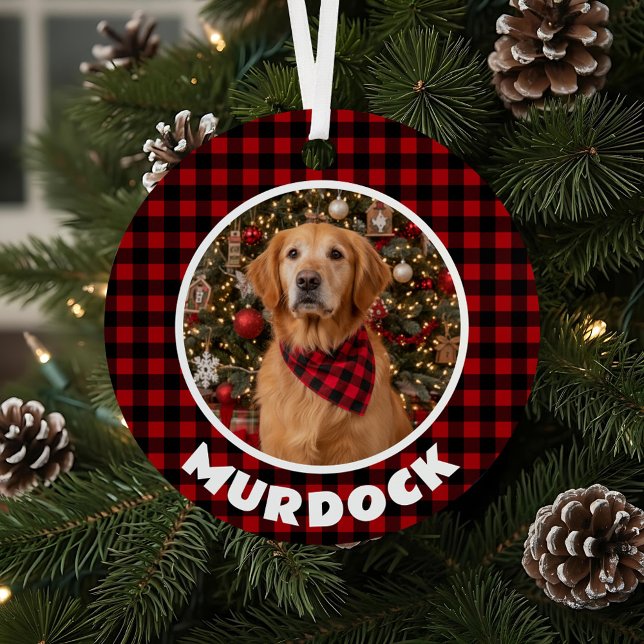 Red & Black Plaid Christmas Personalised Pet Metal Tree Decoration (Creator Uploaded)