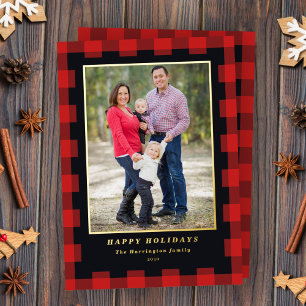 Red Black Plaid Christmas Photo Gold