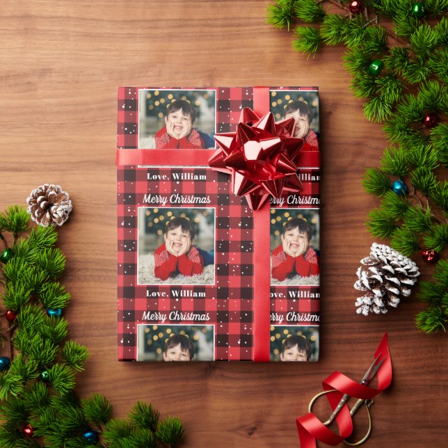 Red Black Plaid Custom Photo Christmas Holiday Wrapping Paper (Holiday Gift)