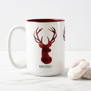 Red & Black plaid deer head monogram Two-Tone Coffee Mug
