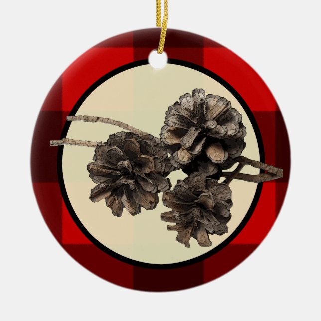 Red & Black Plaid Flannel & Pinecones Christmas Ceramic Tree Decoration (Front)