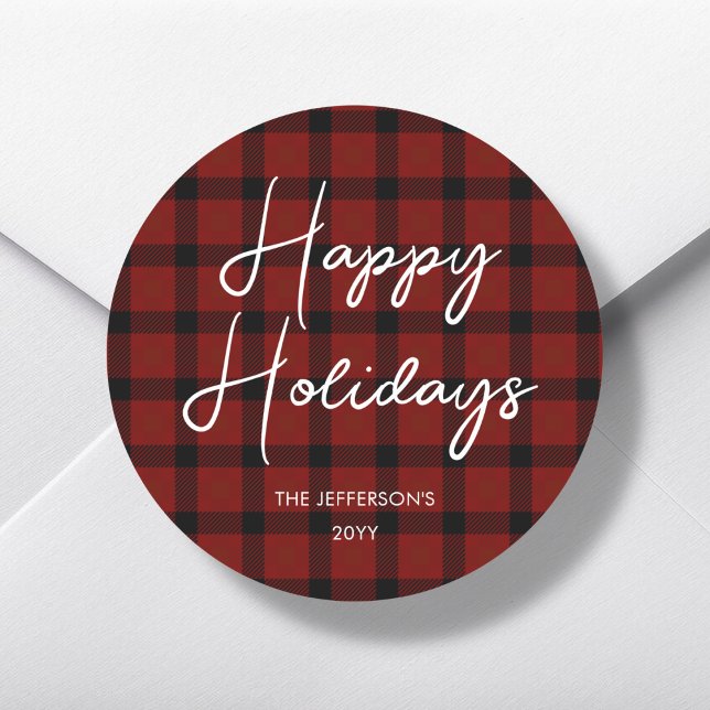 Red & Black Plaid Happy Holidays |  Classic Round Sticker (Creator Uploaded)