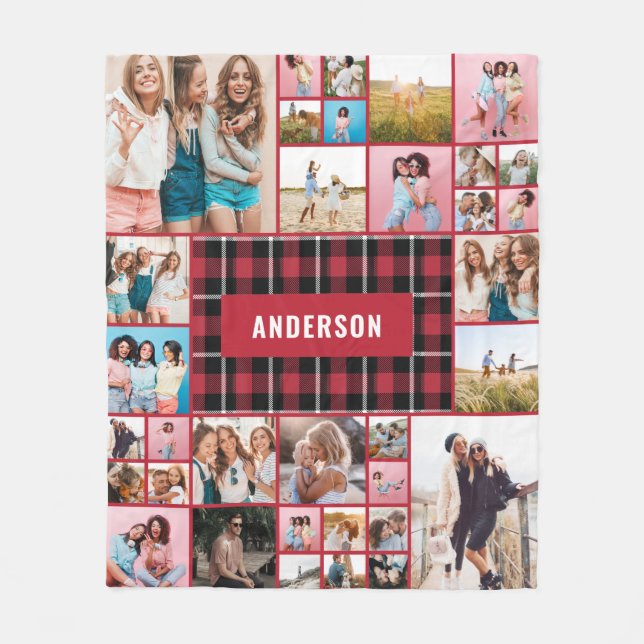 Red black plaid modern minimal pampas 34 photo fleece blanket (Front)