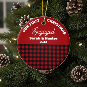 Red & Black Plaid Our 1st Christmas Engaged Ceramic Tree Decoration