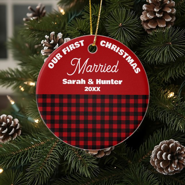 Red & Black Plaid Our 1st Christmas Married Ceramic Tree Decoration (Creator Uploaded)