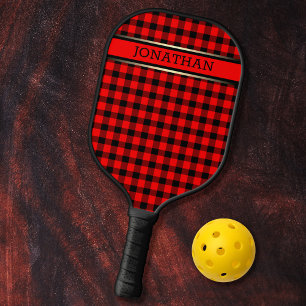 Red & Black Plaid Pattern Name Modern Eyecatching Pickleball Paddle