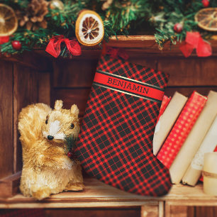 Red & Black Plaid Pattern Name Modern Personalized Small Christmas Stocking