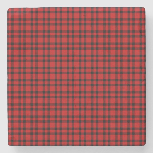 Red Black Plaid Pattern Stone Coaster (Front)