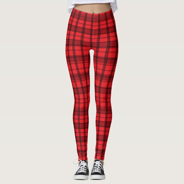 Red & Black Plaid Personalised Leggings (Front)