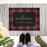 Red & Black Plaid Personalised Welcome Doormat<br><div class="desc">Add a farmhouse style touch to your entryway with this rustic buffalo plaid patterned doormat in classic cranberry red and black. "Welcome" appears in the centre in casual handwritten script lettering; personalise with your family name beneath.</div>