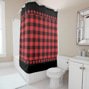 Red & Black Plaid Red Stars Accent Shower Curtain