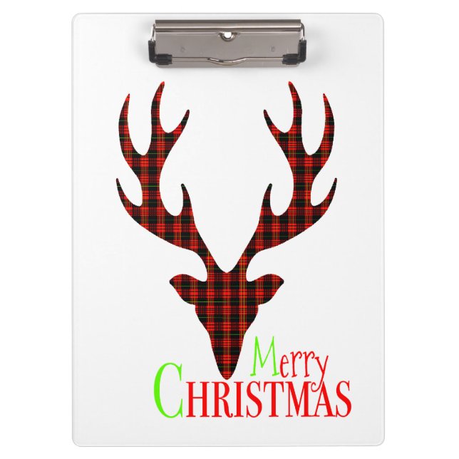 Red Black Plaid Reindeer Merry Christmas Clipboard (Front)