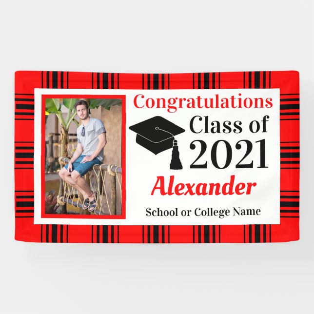 Red Black Plaid School Colours Graduation Banner (Horizontal)