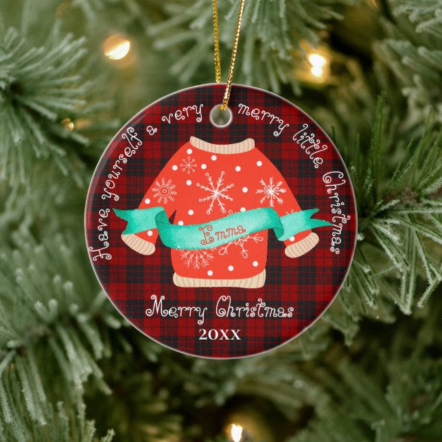 Red Black Plaid Ugly Sweater Cute Merry Christmas Ceramic Tree Decoration (Tree)