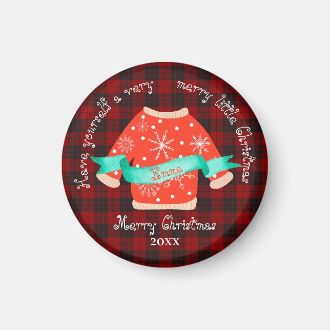 Red Black Plaid Ugly Sweater Cute Merry Christmas Magnet (Front)