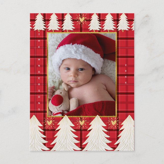 Red Black Plaid & White Trees Rustic Holiday Photo (Front)