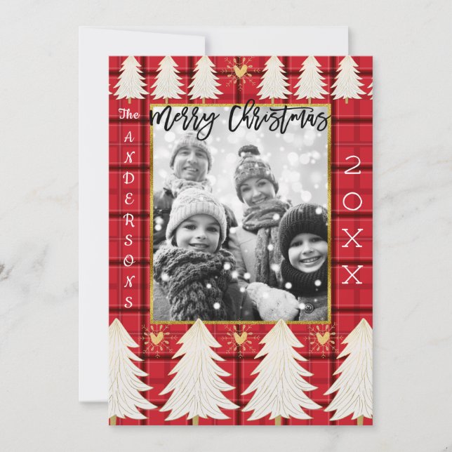 Red Black Plaid & White Trees Rustic Holiday Photo Card (Front)