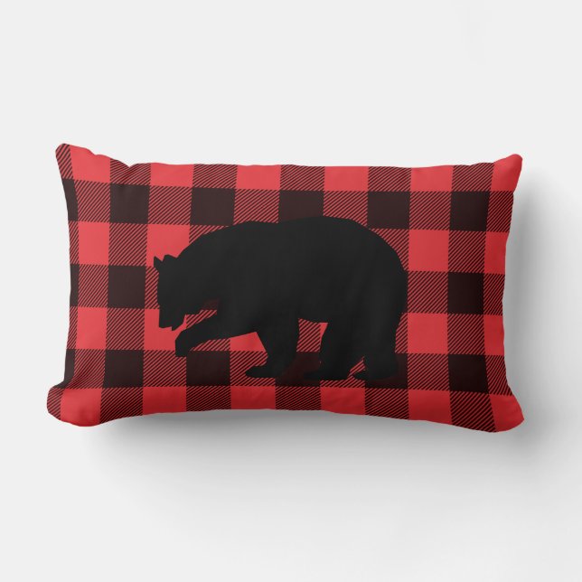 Red Black Plaid with Black Bear  Lumbar Cushion (Front)