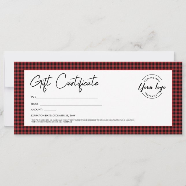 Red Black plaid Your logo Holiday gift certificate Invitation (Front)