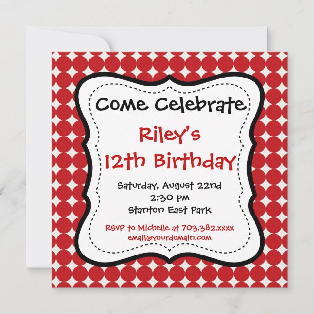 Red Black Polka Dots Birthday Party Invitations (Front)