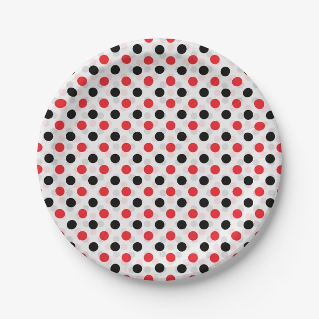 Red Black Polka Dots Textile Pattern Design Paper Plate (Front)