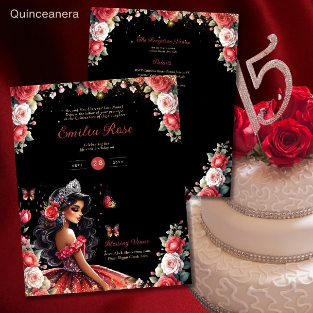 Red Black Quinceanera Dress Floral Butterflies (Creator Uploaded)