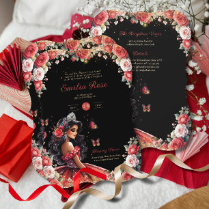 Red Black Quinceanera Dress Floral Butterflies Invitation
