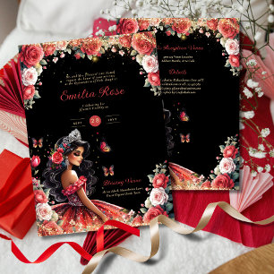 Red Black Quinceanera Dress Floral Butterflies Invitation