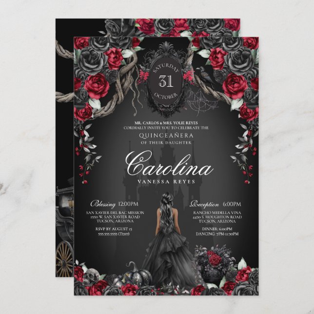 Red & Black Quinceanera Halloween Gothic Princess  Invitation (Front/Back)