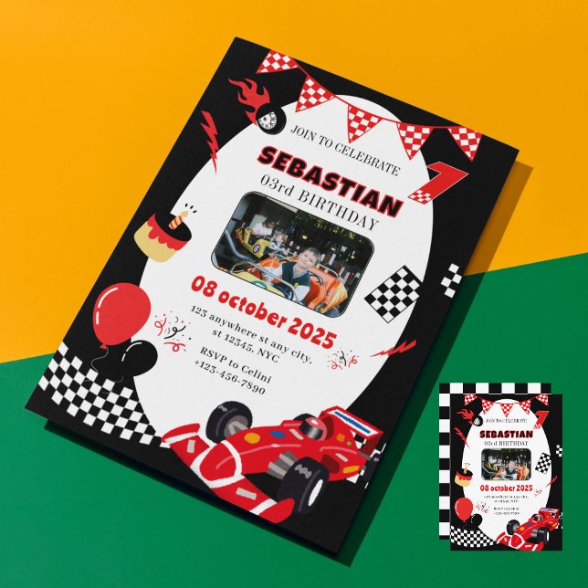 Red & Black Race Birthday Invitation- Custom Photo Invitation (Funny Racing Car Birthday Invite)