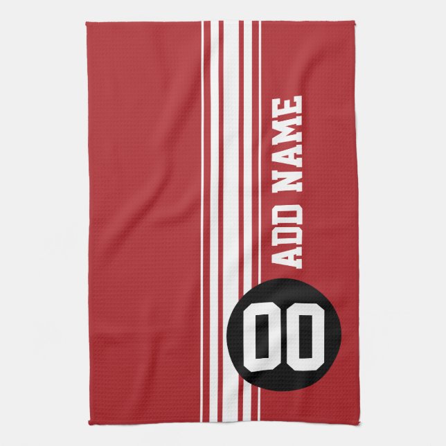 Red Black Racing Stripes Custom Name Number Tea Towel (Vertical)