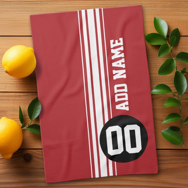 Red Black Racing Stripes Custom Name Number Tea Towel (Custom Kitchen Towel)