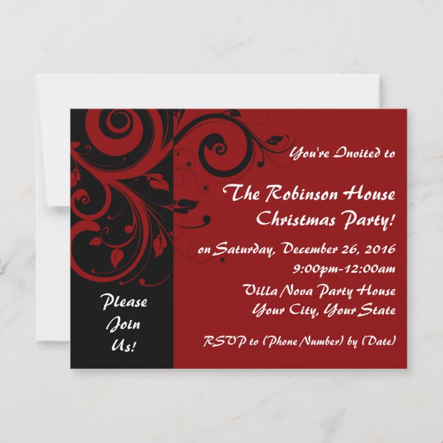 Red+Black Reverse Swirl Holiday Party Invitations (Front)
