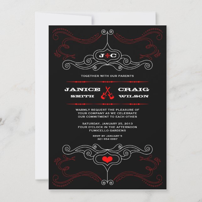 Red & Black Rock 'n' Roll Music Themed Wedding Invitation (Front)