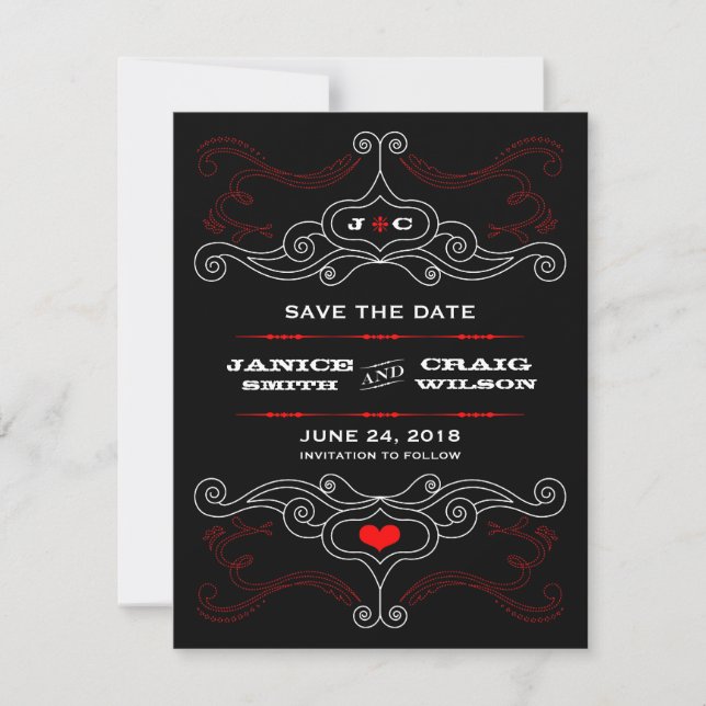 Red & Black Rock 'n' Roll Music Themed Wedding Save The Date (Front)