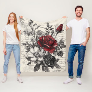 Red Black Rose Antique Manuscript Flowers Fleece Blanket