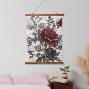 Red Black Rose Antique Manuscript Flowers Hanging Tapestry