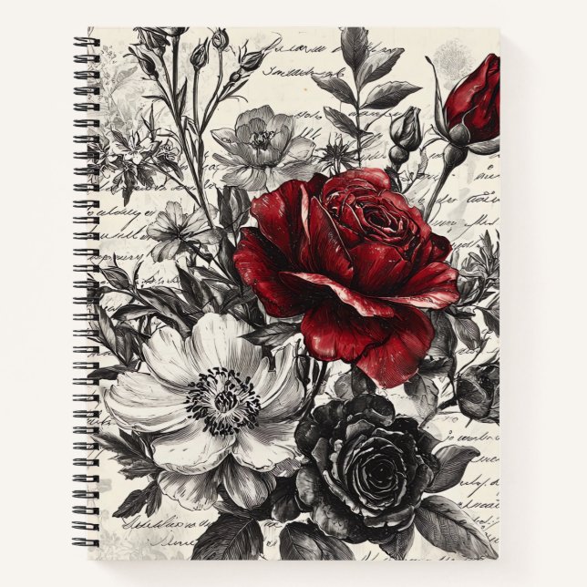 Red Black Rose Antique Manuscript Flowers Notebook (Front)