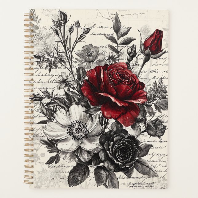 Red Black Rose Antique Manuscript Flowers Planner (Front)