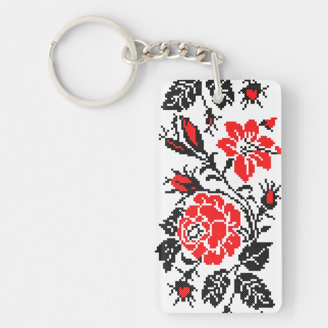 Red&Black Rose cross-stitch Russian Pattern Key Ring (Front)