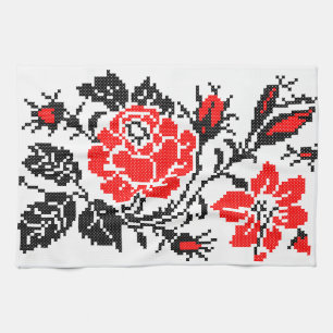 Red&Black Rose cross-stitch Russian Pattern Tea Towel