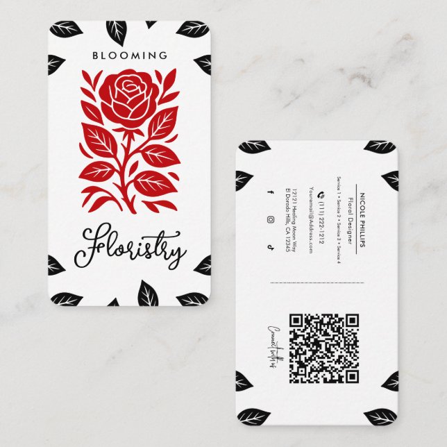 Red & Black Rose Leaves Floral Social Media QR Business Card (Front/Back)